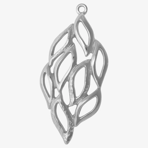 Macro shot of silver hollow leaf pendant with polished finish and detailed metalwork