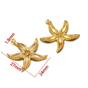 Detail of golden starfish pendants with dimensions 27mm by 24mm and shell inlay