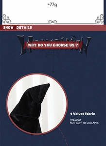 Detailed macro view of black velvet fabric texture on a gothic baroque witch hat accessory