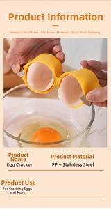 Close-up of yellow egg cracker tool opening a fresh shell with stainless steel blades