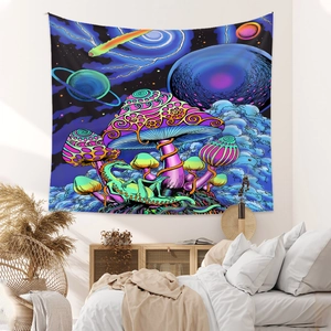 Detail of psychedelic mushroom tapestry with a green lizard on a cosmic galaxy background