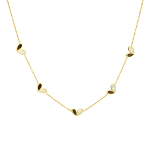 Collier en acier inoxydable doré avec cinq pendentifs papillons bicolores noir et blanc
