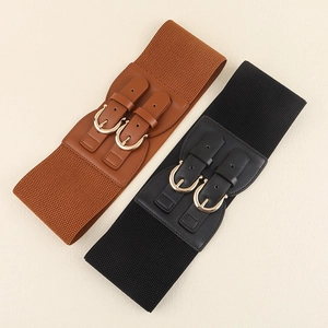 Women's wide elastic waist belts in black and brown with vintage gold double buckle