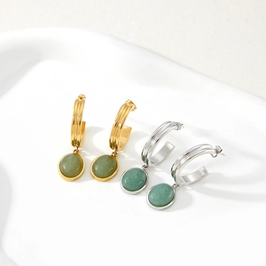 Modern C-shaped hoop earrings with green aventurine stone charms in gold and silver
