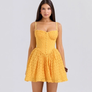 Yellow Lace Corset Mini Dress Spaghetti Strap Bustier Puffy A-Line Backless Party Summer Princess Dress For Women