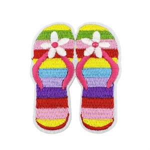Rainbow striped flip-flop embroidered patch with white daisy flower on white background