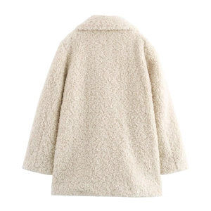 Back view of cream faux fur coat featuring cozy sheepskin texture and stand collar