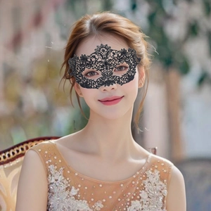 Detailed view of elegant black lace masquerade eye mask worn by a model in a formal gown