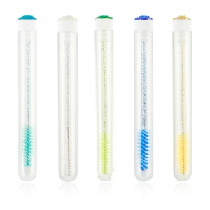 Glittery disposable eyelash brushes with crystal stems and rhinestones in clear tubes