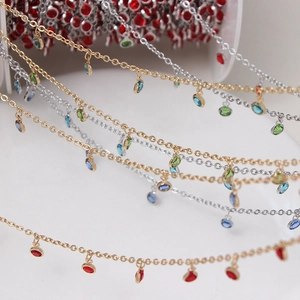 Colorful zircon pendant chain with red, blue and green stones in gold and silver plating