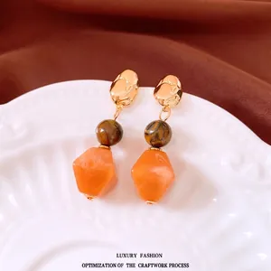 Retro resin bead drop earrings with tiger eye texture and irregular gold metal accents