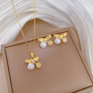 Cherry Jewelry Necklace And Earrings Gold Plated Stainless Steel Copper Artificial Pearl Zircon Women Elegance With Silver Earring Post