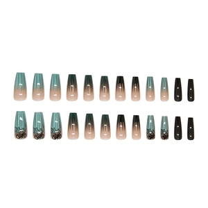 Dark green press-on nails with rose pattern and long coffin shape gradient design