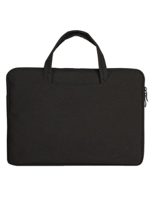 Minimalist 14-inch black laptop bag with water-resistant fabric and reinforced handles