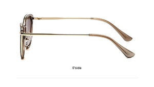 Side view of cat eye sunglasses featuring gold metal temples and brown frame detail