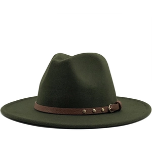 Olive green wool fedora hat with brown leather belt buckle and gold studs on white background