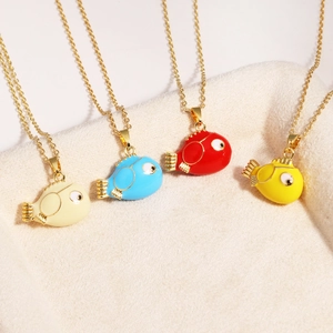 Chubby cartoon fish necklaces in four colors with gold plated stainless steel chains
