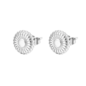 Pair of silver petal earrings with radial texture and minimalist geometric steel design
