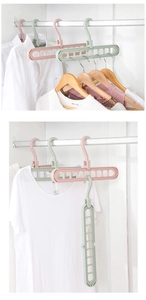 Detail of 9-hole magic clothes hanger in horizontal and vertical storage modes