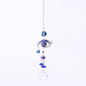 Macro shot of evil eye crystal suncatcher with blue beads and a faceted prism ball