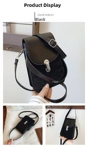 Detailed views of a black mini crossbody bag with matte flap and silver curved clasp