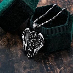 Gothic angel wing sword pendant necklace in stainless steel with silver finish