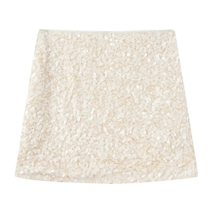 Elegant off-white sequin mini skirt featuring a shimmering textured A-line design