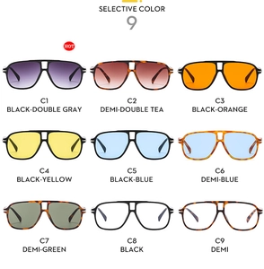 Collage of nine color variations for double-bridge aviator sunglasses with various lenses