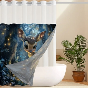 Detail of waterproof forest deer shower curtain with metallic grommets and digital print