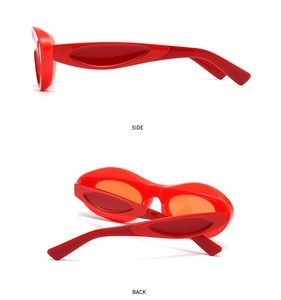 Side and back view of modern red oversized sunglasses with translucent orange lenses