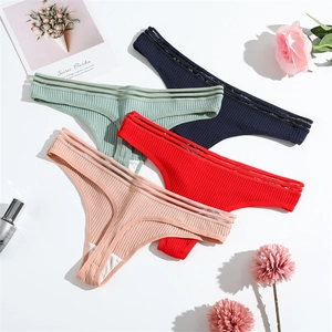 Women Ribbed Cotton Thong Low Waist Breathable Hollow Out Strappy Sexy T-Back Panties Lingerie Underwear