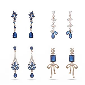 Long Drop Earrings Copper Inlaid Zircon Blue Geometric Square Luxury Elegant Retro Art Deco Jewelry For Women