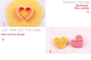 Detail of pink plastic heart-shaped cookie mold embossing patterns on dough