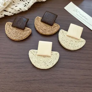Bohemian geometric raffia and wood dangle earrings in two natural color combinations