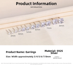 Size chart for S925 sterling silver square zircon stud earrings from 3mm to 8mm width