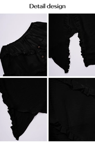 Detailed view of black textured fabric with drawstring beads and ruffle accents
