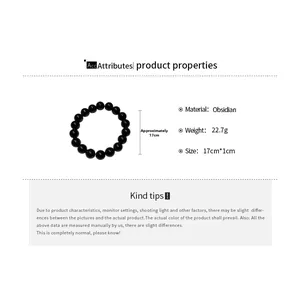 Detail view of 10mm obsidian beads bracelet with 17cm circumference and 22.7g weight