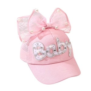 Pink toddler sun hat with lace bow, pearls and rhinestone Baby lettering decor
