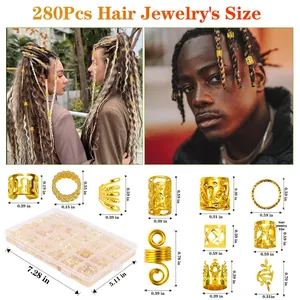 Detailed size specifications for 280-piece dreadlock hair jewelry and accessories set