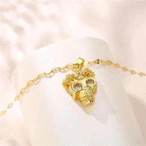 Hiphop gold devil skull pendant necklace with micro-pave cubic zirconia for women