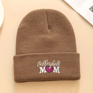 Close-up of brown knit beanie showing detailed Volleyball MOM heart embroidery