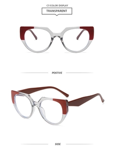 Detail view of cat eye TR90 glasses frame in transparent grey and red accents