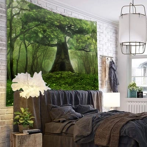 Forest tapestry wall hanging with ancient trees and fireflies for bedroom decor