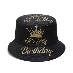 Black cotton bucket hat with golden It's My Birthday print and crown for party use