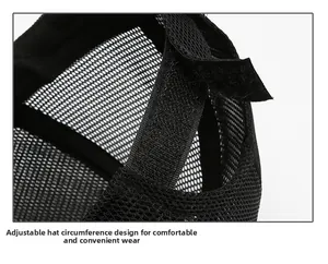 Close-up of adjustable mesh back and Velcro strap on a black breathable trucker hat