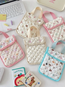 Women Quilted Cotton Mini Handbag Portable Mobile Phone Pouch Cartoon Printed Small Tote Bag With Button Closure Korean Style