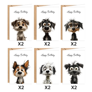 Set of 12 cute cartoon dog birthday cards with kraft envelopes and Happy Birthday text