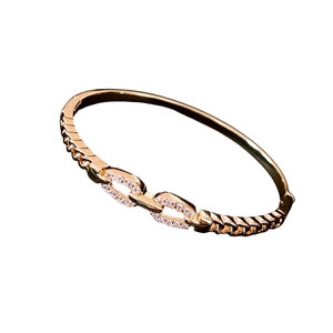 18K gold plated double-ring bangle featuring pavé-set crystals and textured band