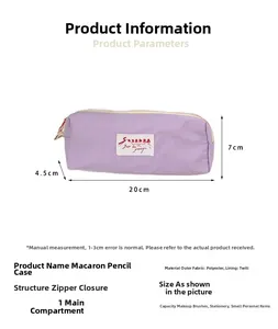 Detailed size view of the purple polyester pouch with dimensions 20cm x 7cm x 4.5cm