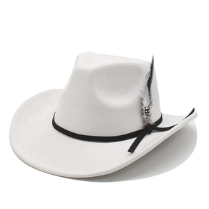 Detailed view of white faux suede western cowboy hat with black ribbon and feather detail